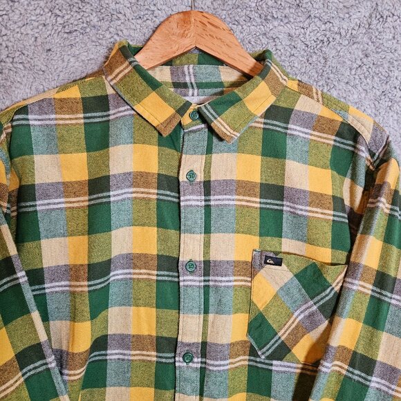 Quiksilver Mens Plaid Flannel Shirt Yellow/Green Long Sleeve Button-Up XL - Picture 3 of 16